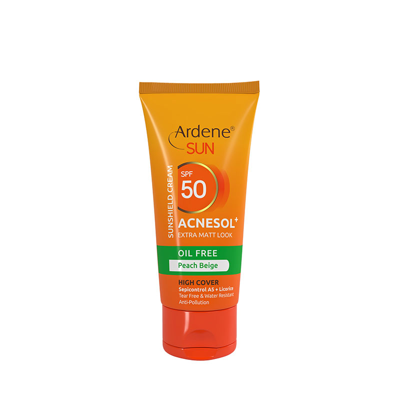 کرم ضدآفتاب Acnesol pluse  SPF50 فاقد چربی بژ هلویی با خاصیت مات کنندگی و پوشانندگی بالا آردن سان